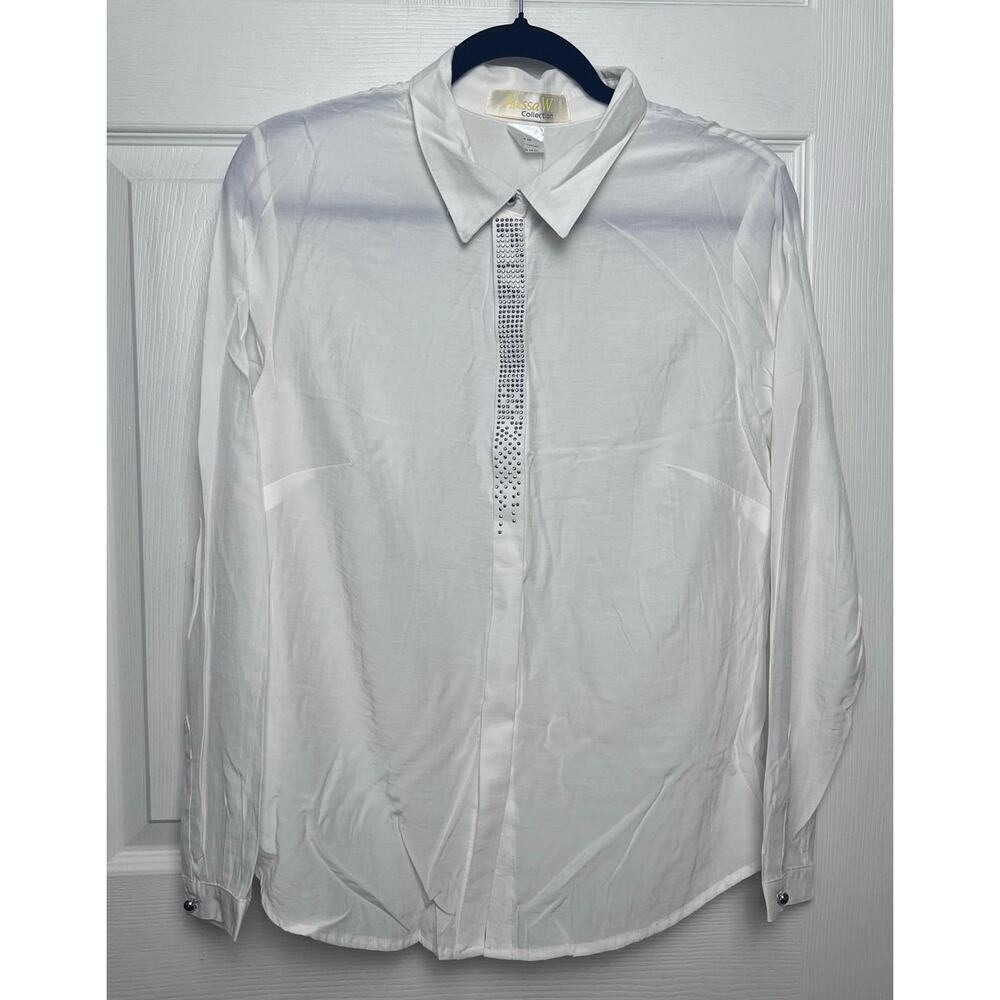 Alessa W. Collection Women's Rhinestone Collared White Hidden Buttons Size 10